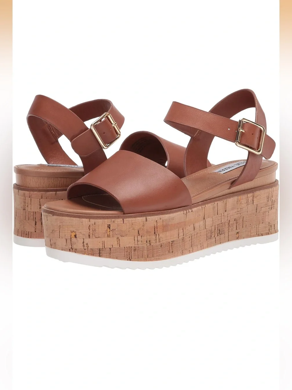 Steve Madden, Corrina Leather Cork Platform Sandals, Cognac, Women’s 10M